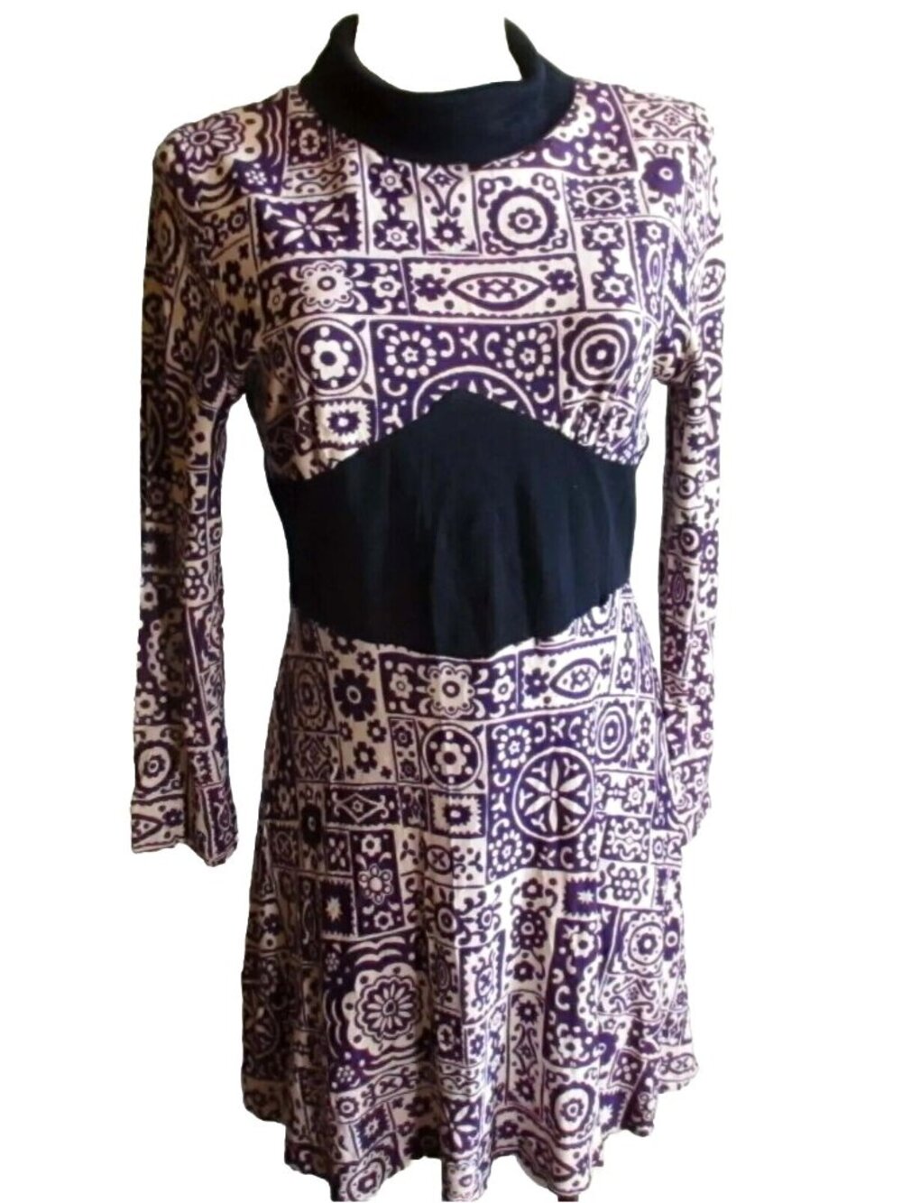 True Vintage Dress 6/8 1970's Mod Purple Print Acetate Mini Geometric Zipback